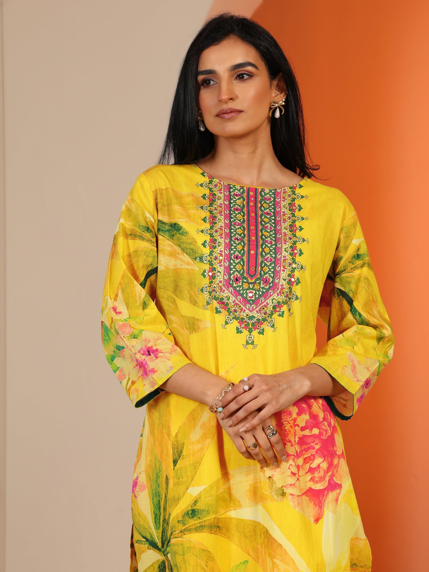 Libas Yellow Printed Cotton Straight Suit Set With Dupatta