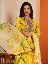 Libas Yellow Printed Cotton Straight Suit Set With Dupatta