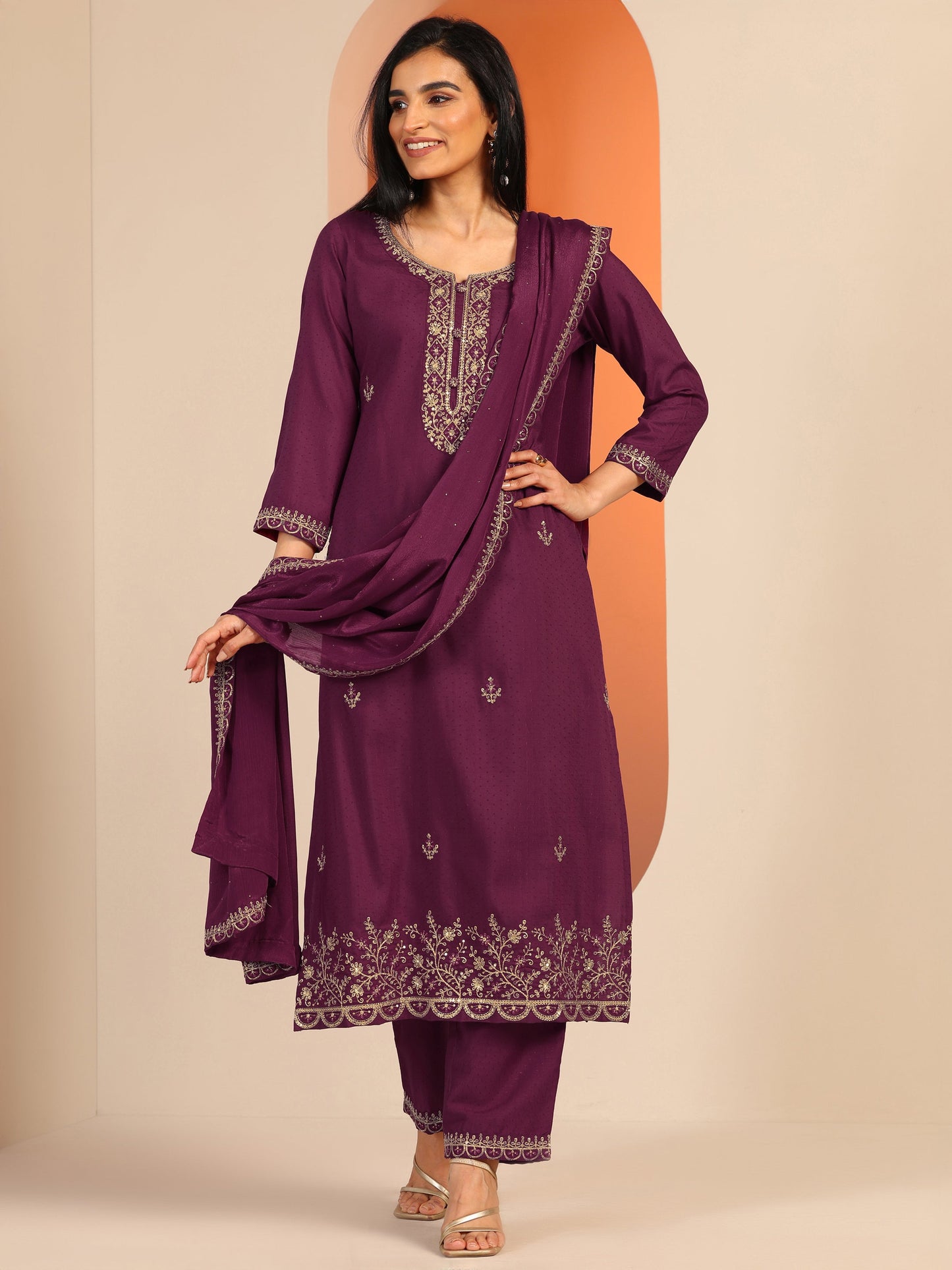 Libas Burgundy Embellished Silk Blend Straight Suit Set With Dupatta