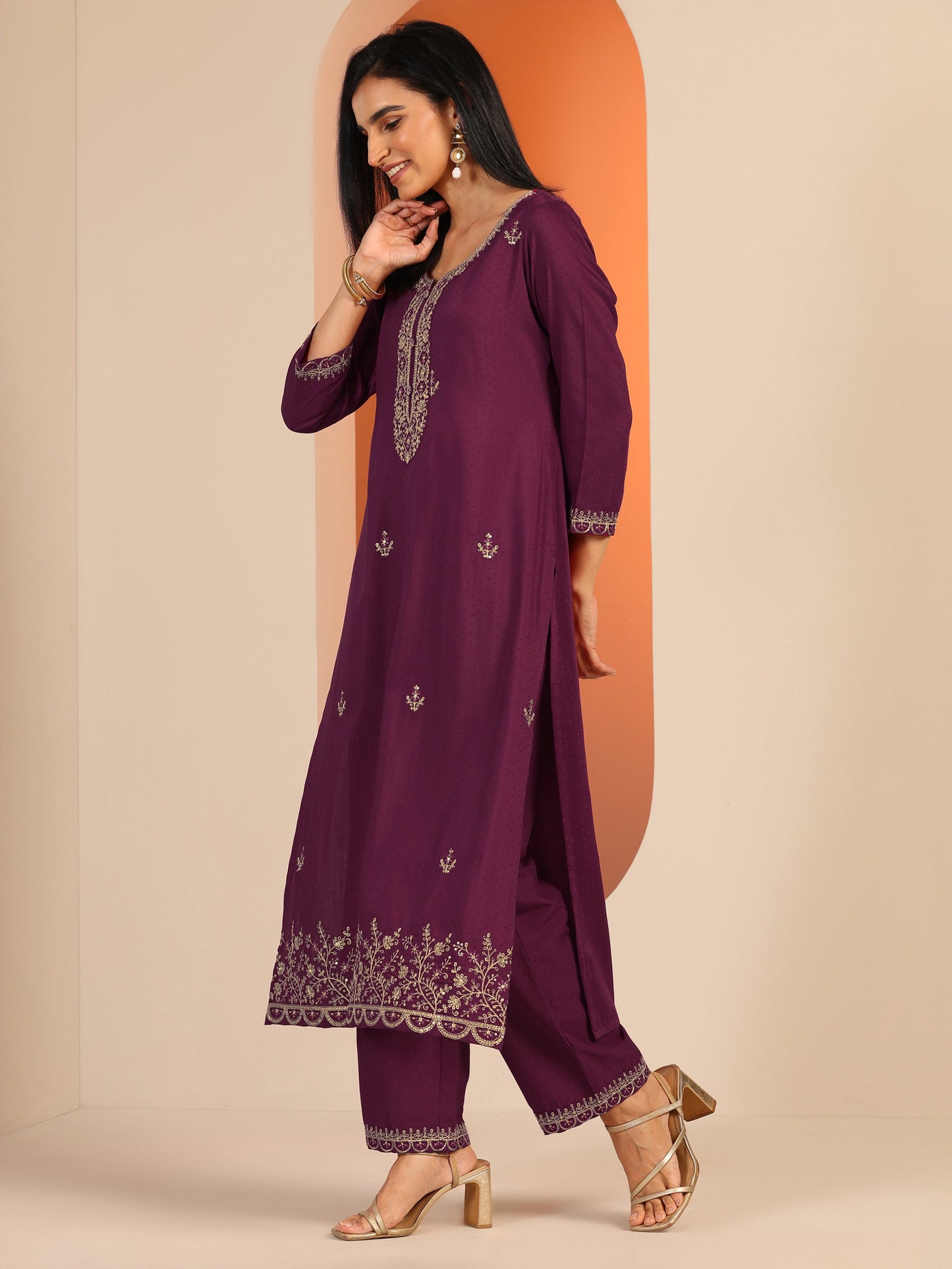 Libas Burgundy Embellished Silk Blend Straight Suit Set With Dupatta