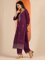 Libas Burgundy Embellished Silk Blend Straight Suit Set With Dupatta