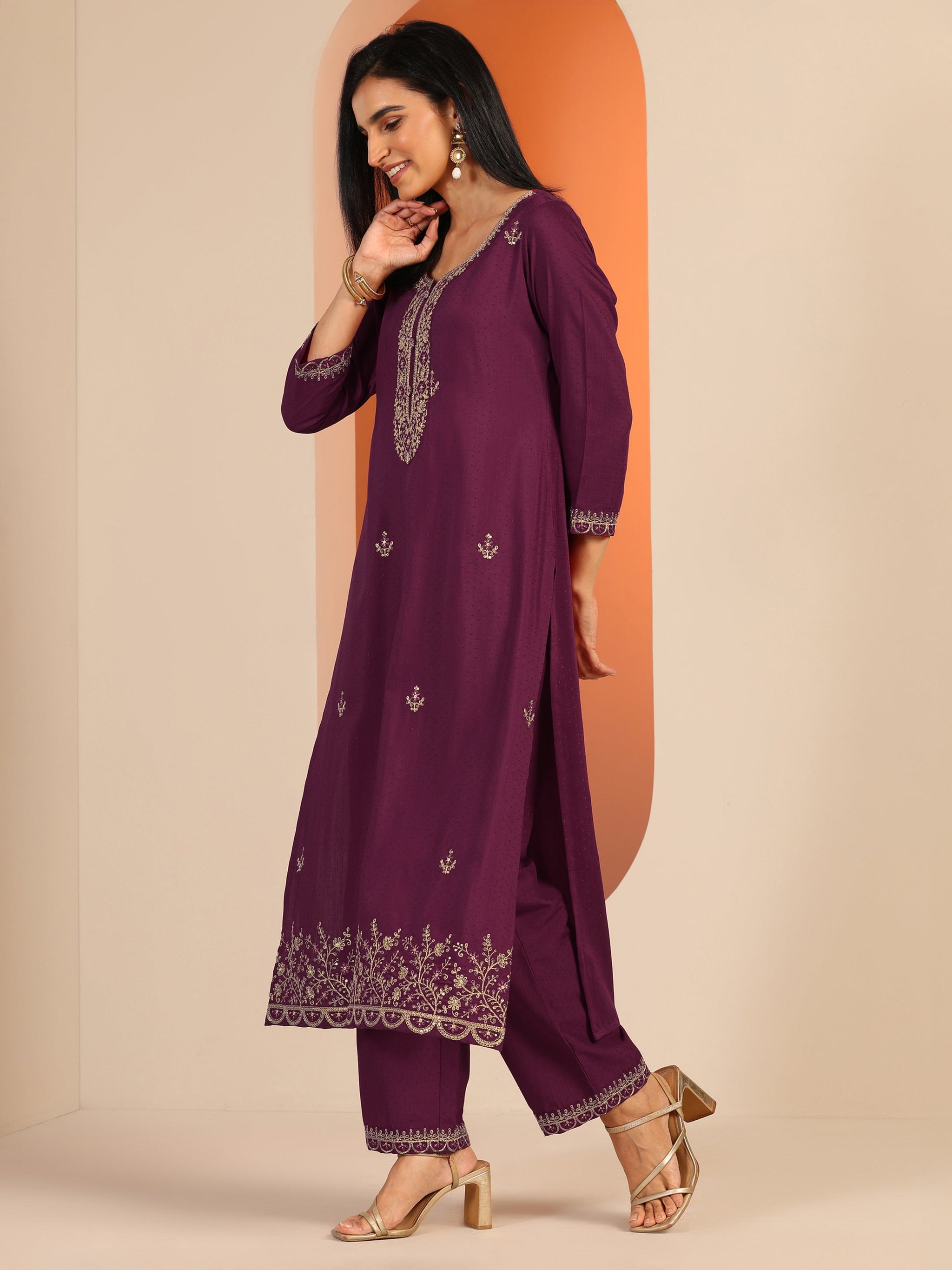 Libas Burgundy Embellished Silk Blend Straight Suit Set With Dupatta