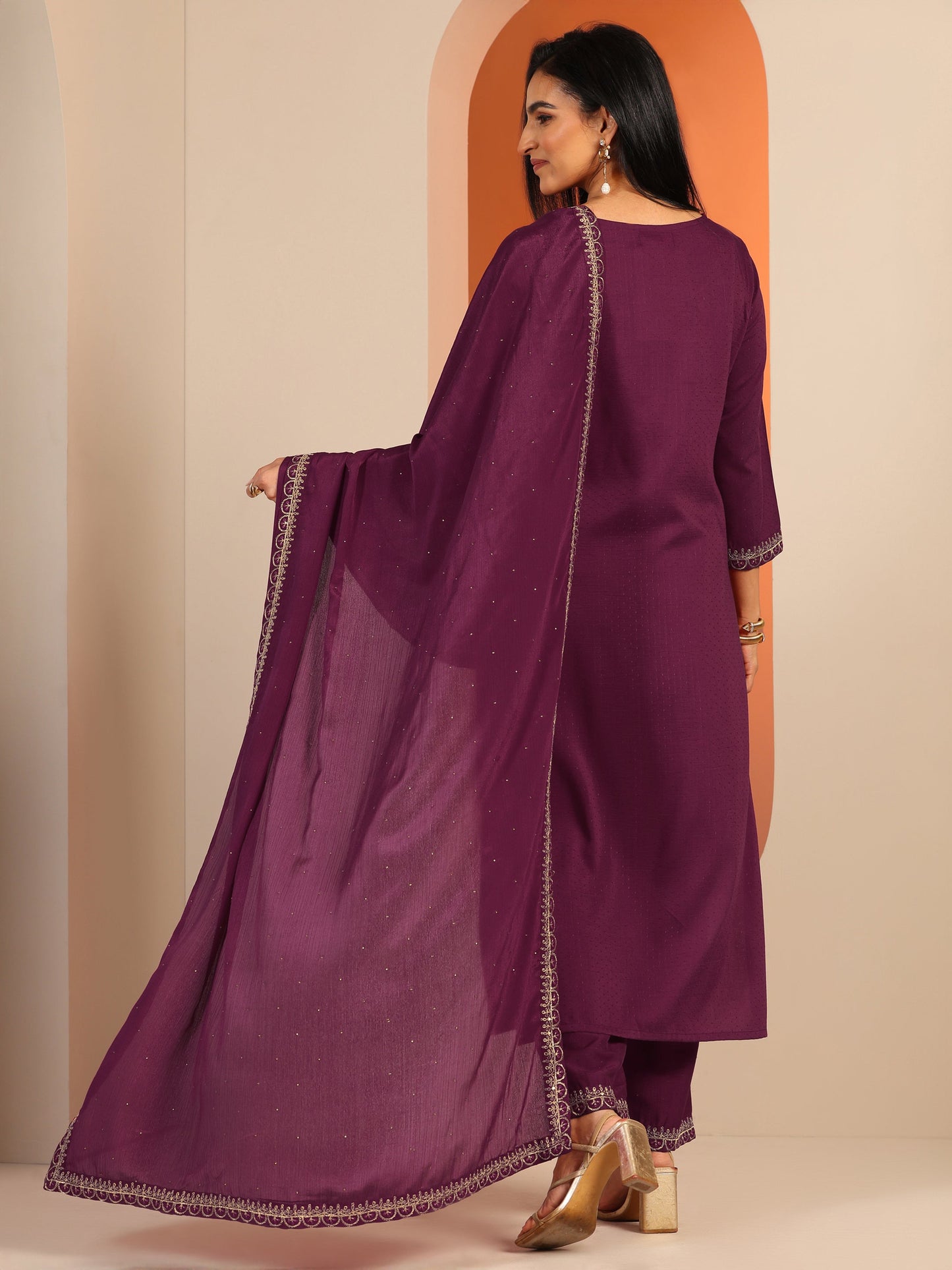 Libas Burgundy Embellished Silk Blend Straight Suit Set With Dupatta