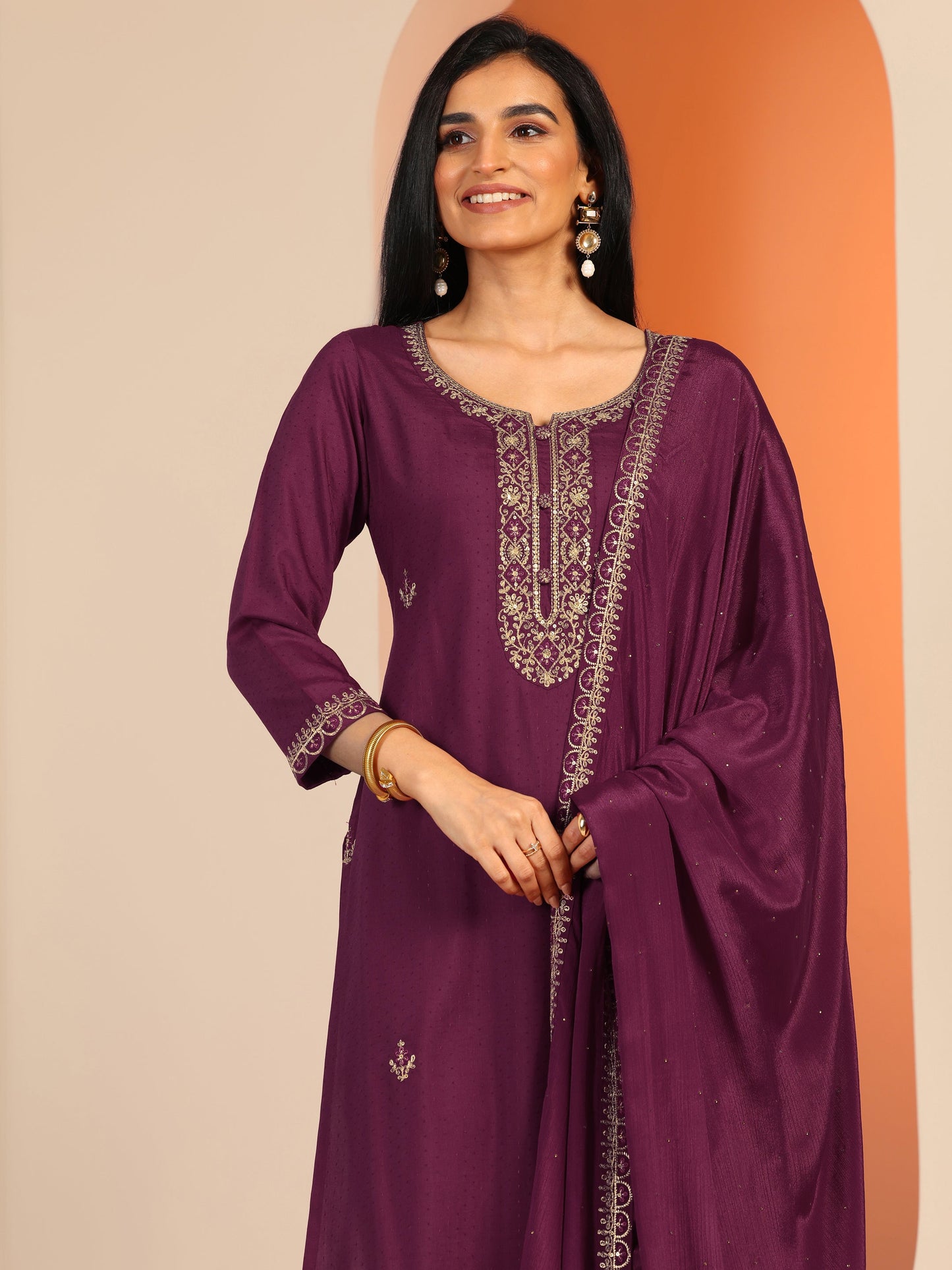 Libas Burgundy Embellished Silk Blend Straight Suit Set With Dupatta