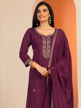 Libas Burgundy Embellished Silk Blend Straight Suit Set With Dupatta