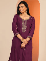 Libas Burgundy Embellished Silk Blend Straight Suit Set With Dupatta