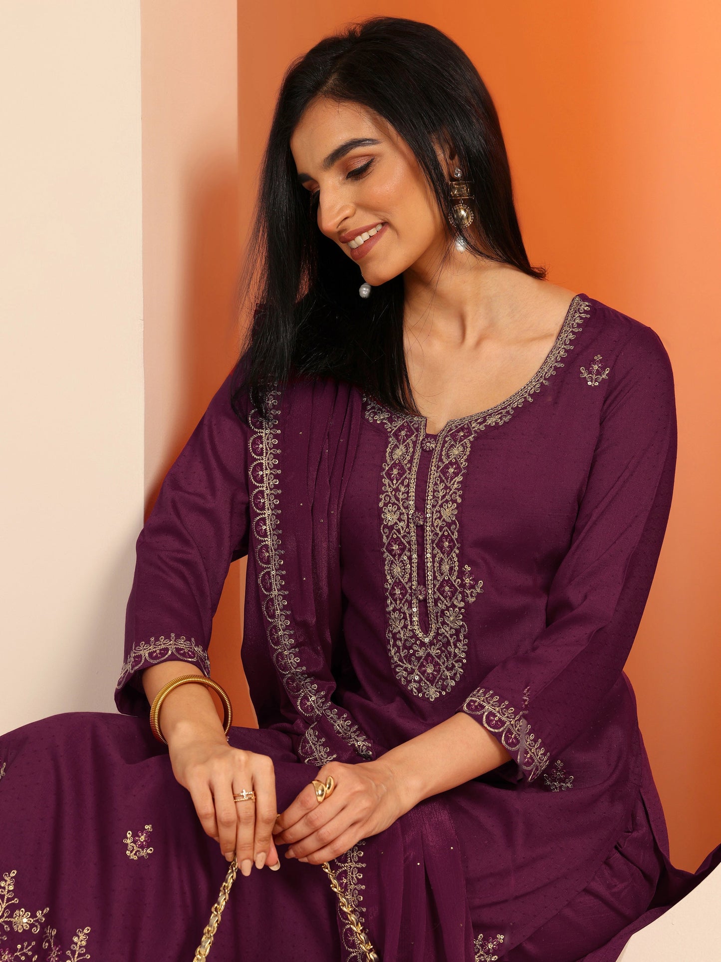 Libas Burgundy Embellished Silk Blend Straight Suit Set With Dupatta