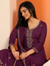Libas Burgundy Embellished Silk Blend Straight Suit Set With Dupatta