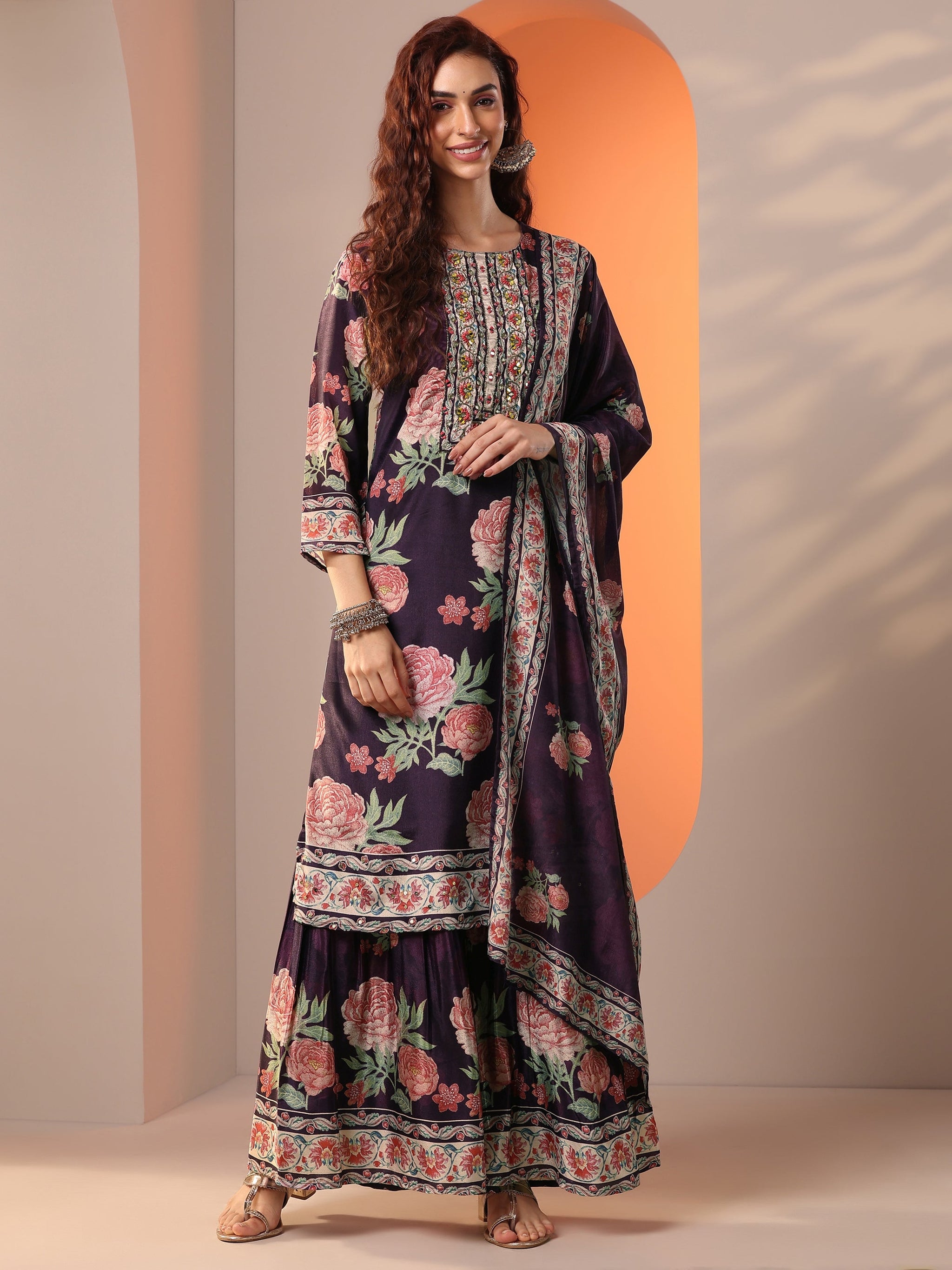 Libas Purple Printed Chinon Straight Suit Set With Dupatta