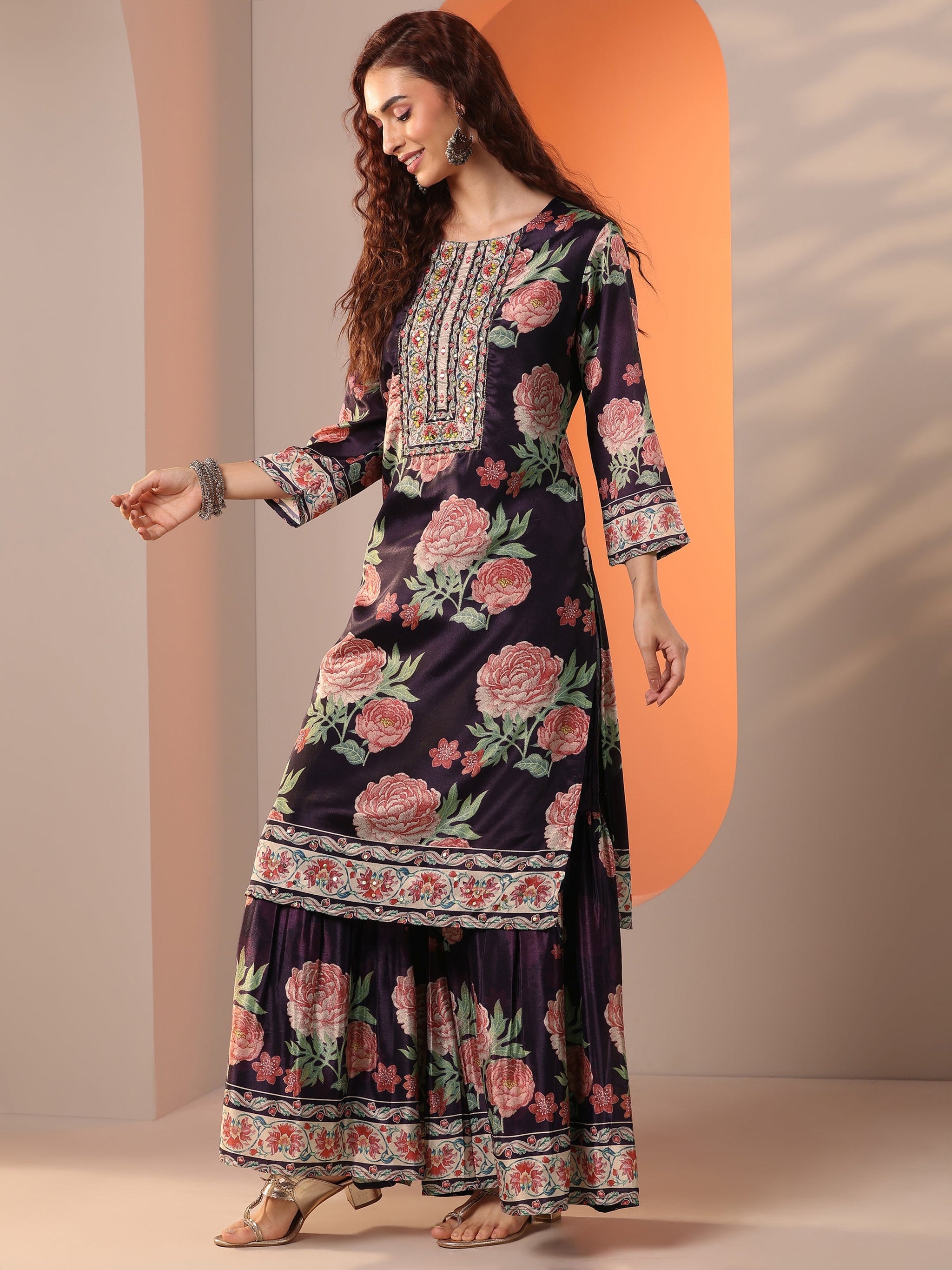 Libas Purple Printed Chinon Straight Suit Set With Dupatta