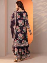 Libas Purple Printed Chinon Straight Suit Set With Dupatta