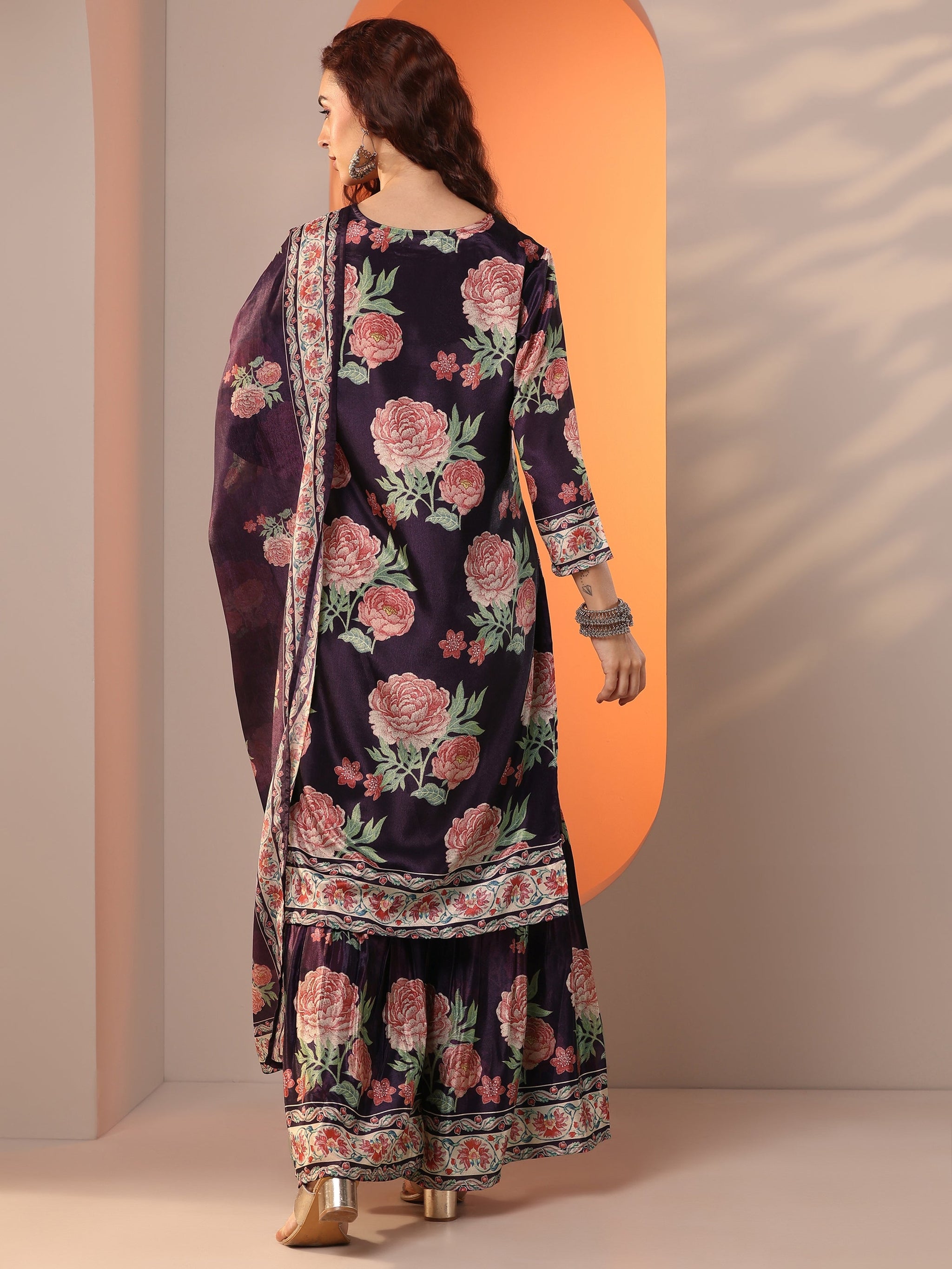 Libas Purple Printed Chinon Straight Suit Set With Dupatta