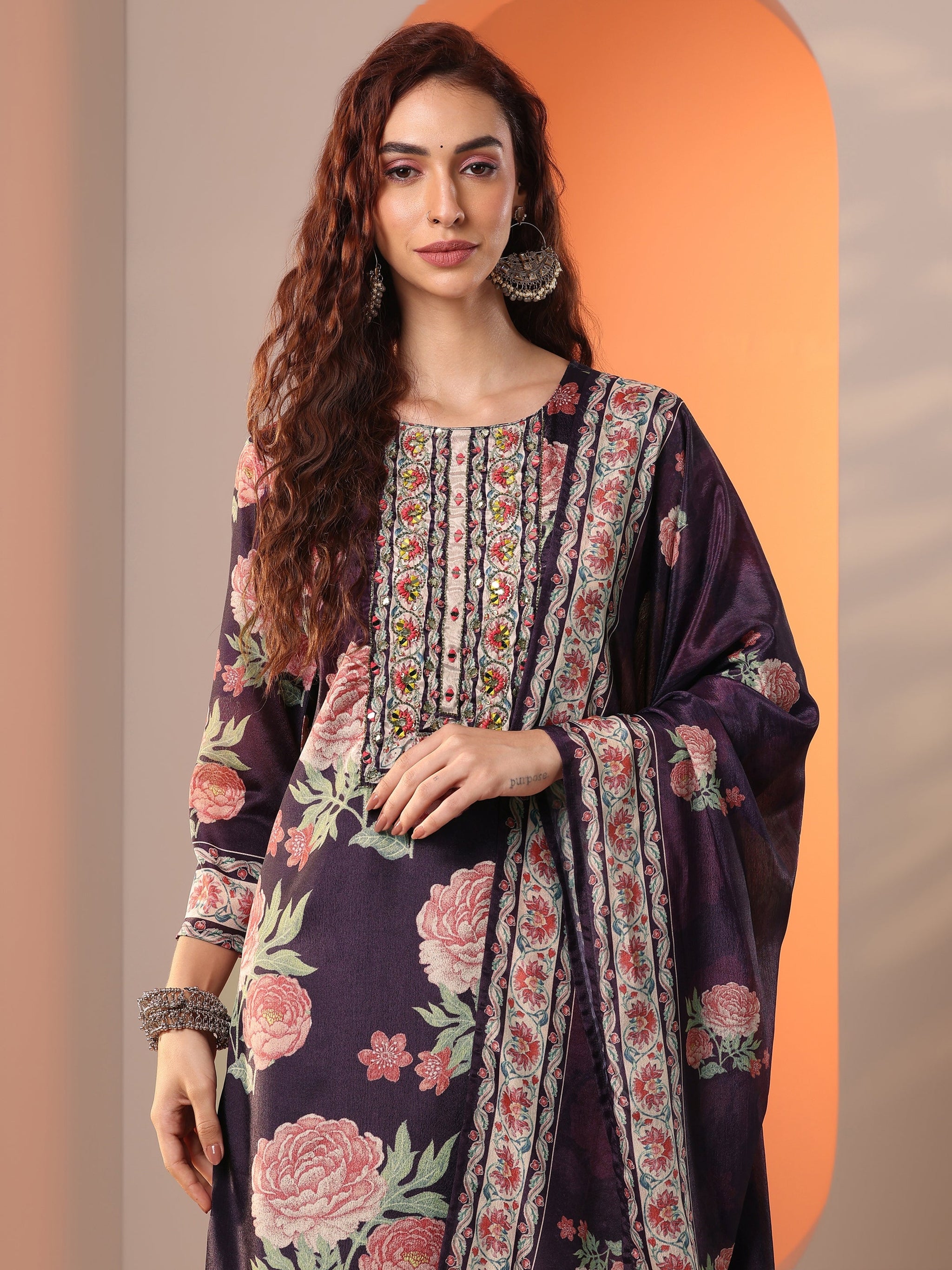 Libas Purple Printed Chinon Straight Suit Set With Dupatta