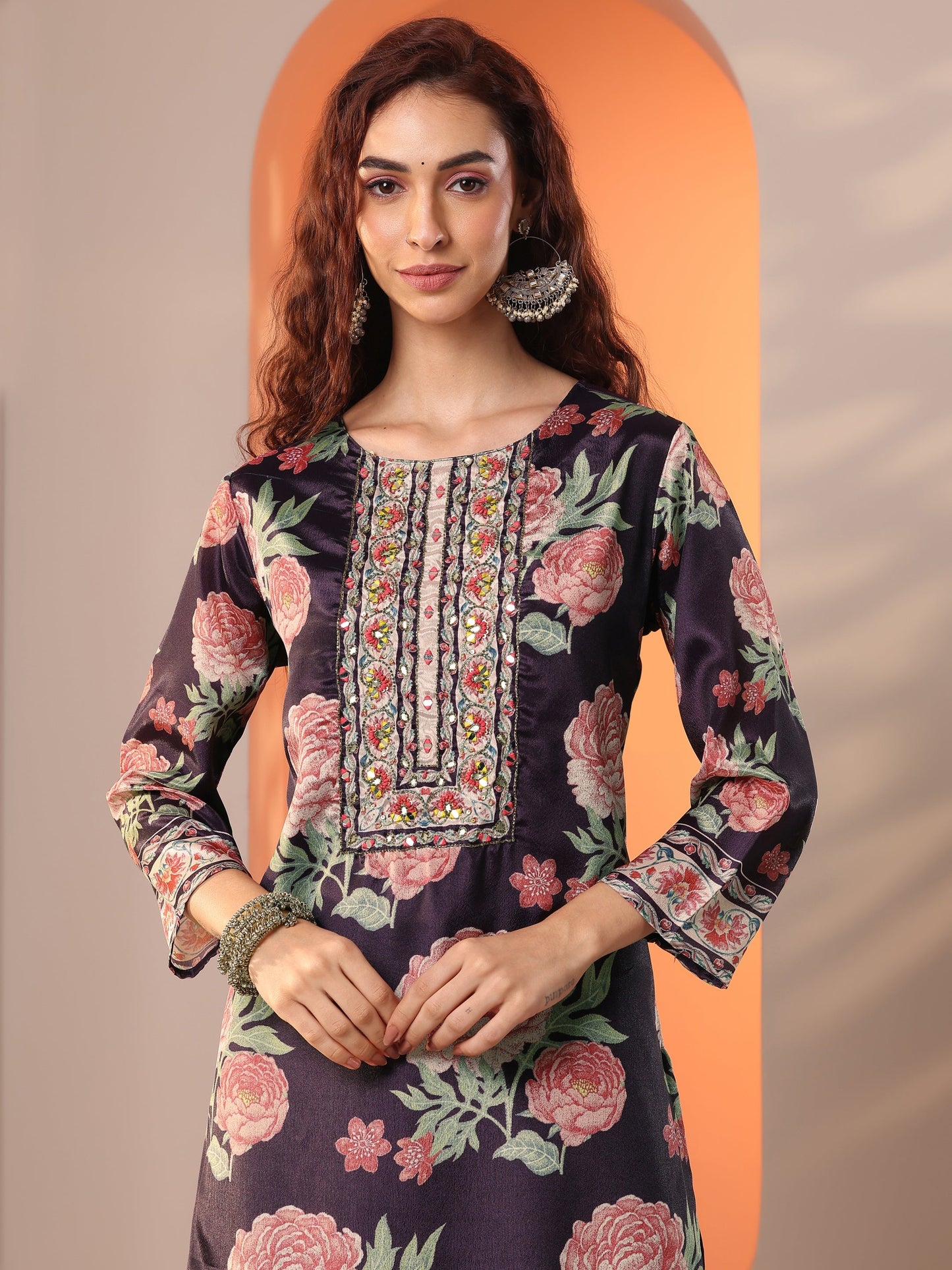 Libas Purple Printed Chinon Straight Suit Set With Dupatta