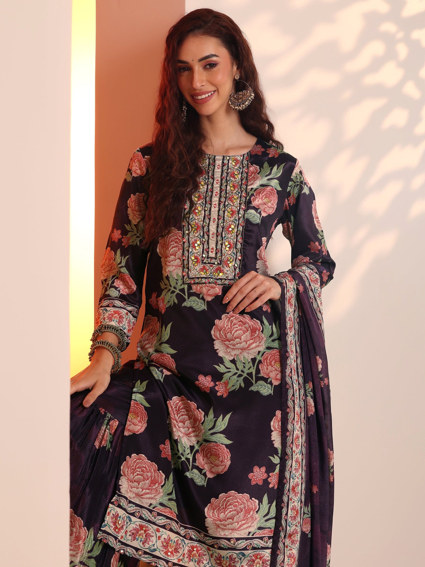 Libas Purple Printed Chinon Straight Suit Set With Dupatta