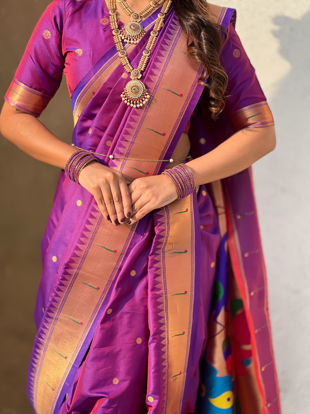 Special Nauvari Paithani Soft Silk Saree witPurple Weddingh Zari Woven Polka Motifs and Peacock Pallu