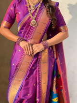 Special Nauvari Paithani Soft Silk Saree witPurple Weddingh Zari Woven Polka Motifs and Peacock Pallu