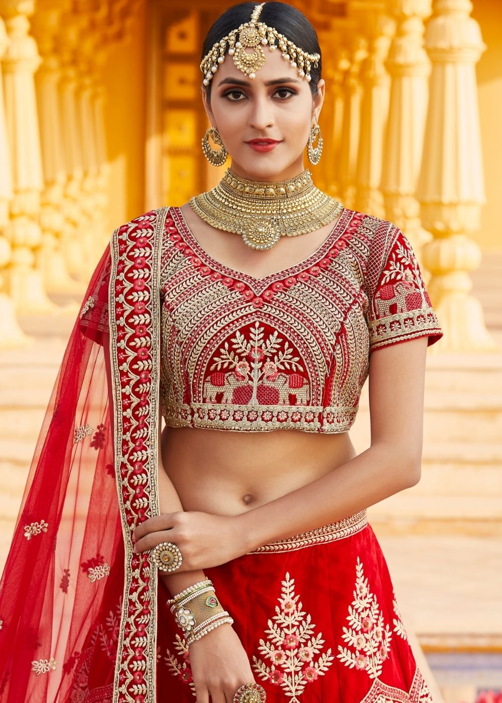 Crimson Red Velvet Bridal Lehenga Choli with Embroidery & Hand work