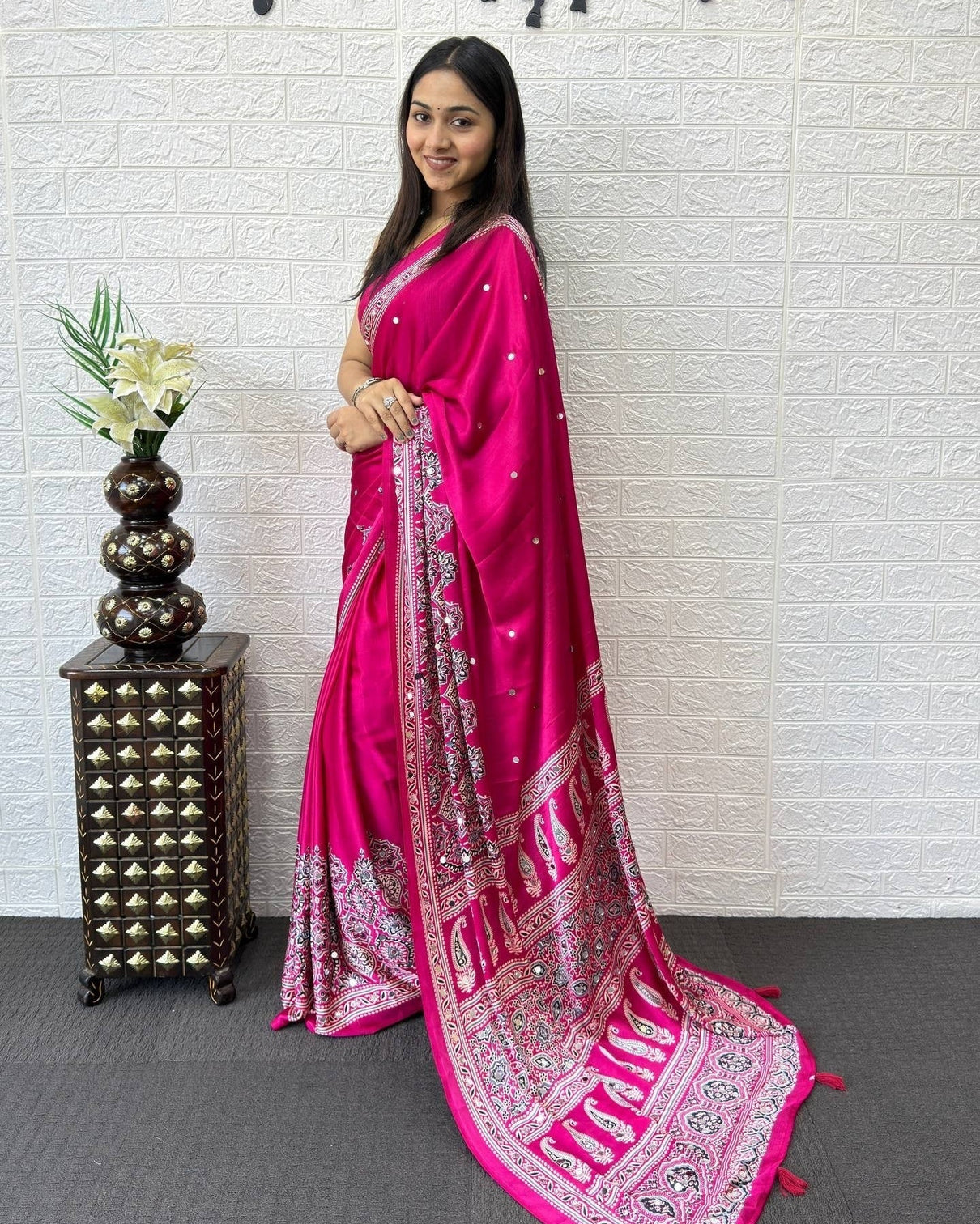 Rani pink modal silk saree with heritage paisley pallu intricate ethnic border designer traditional print