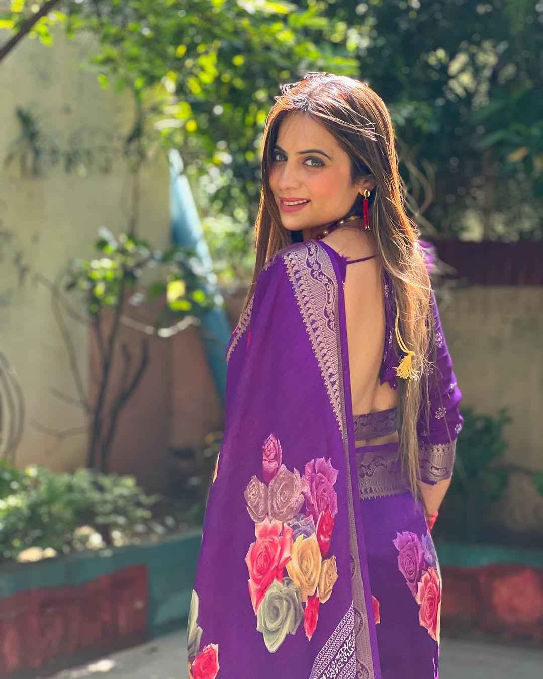 Regal Purple Tussar Silk Saree with Multicolor Floral Prints & Intricate Zari Border