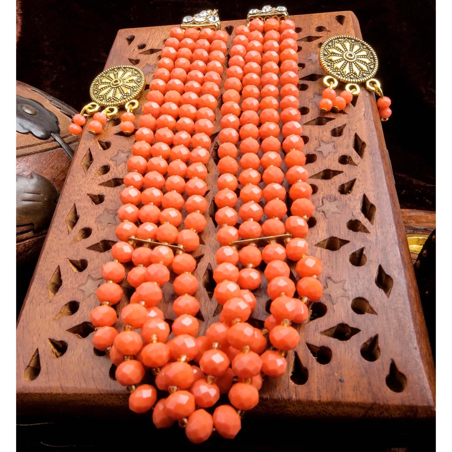 4 Layer orange pearl Necklace Alloy Gold-plated Jewel Set