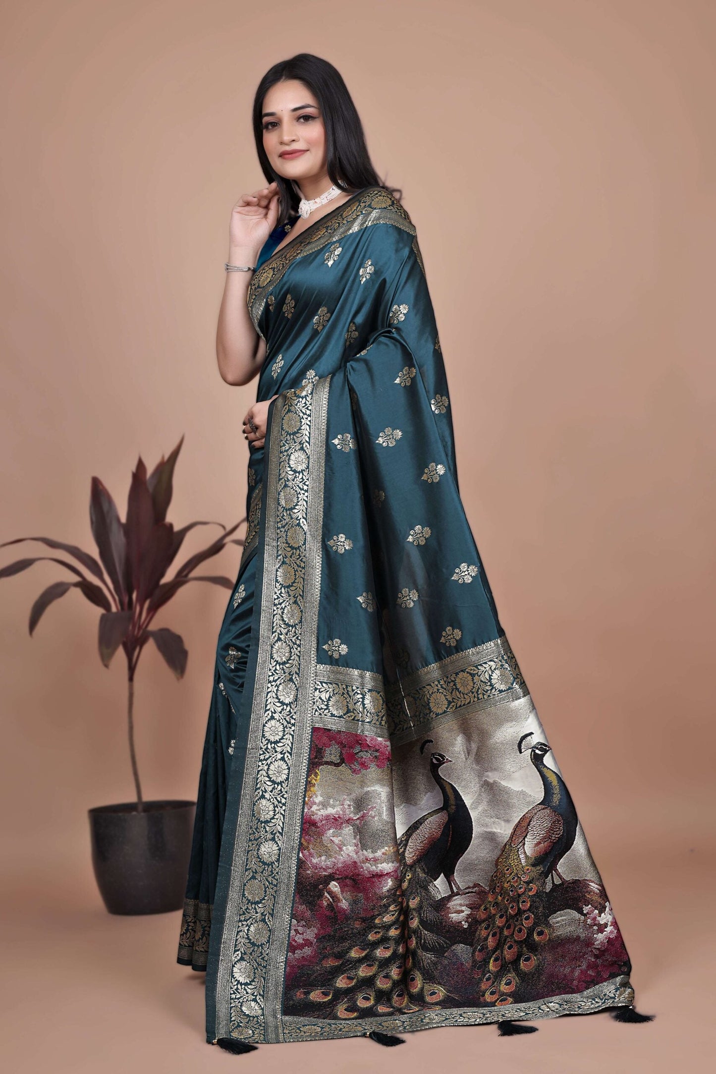 Teal Silk Saree with Banarasi
