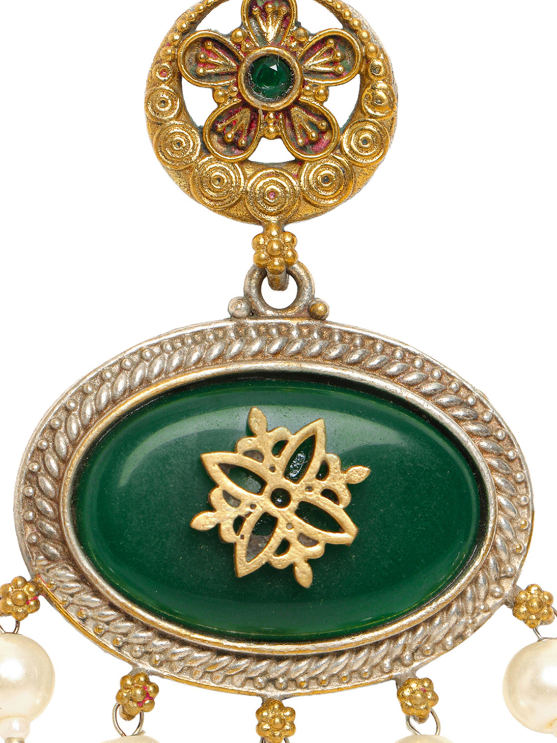 Mameraa Green Stone Statement Pearl Drop Earrings