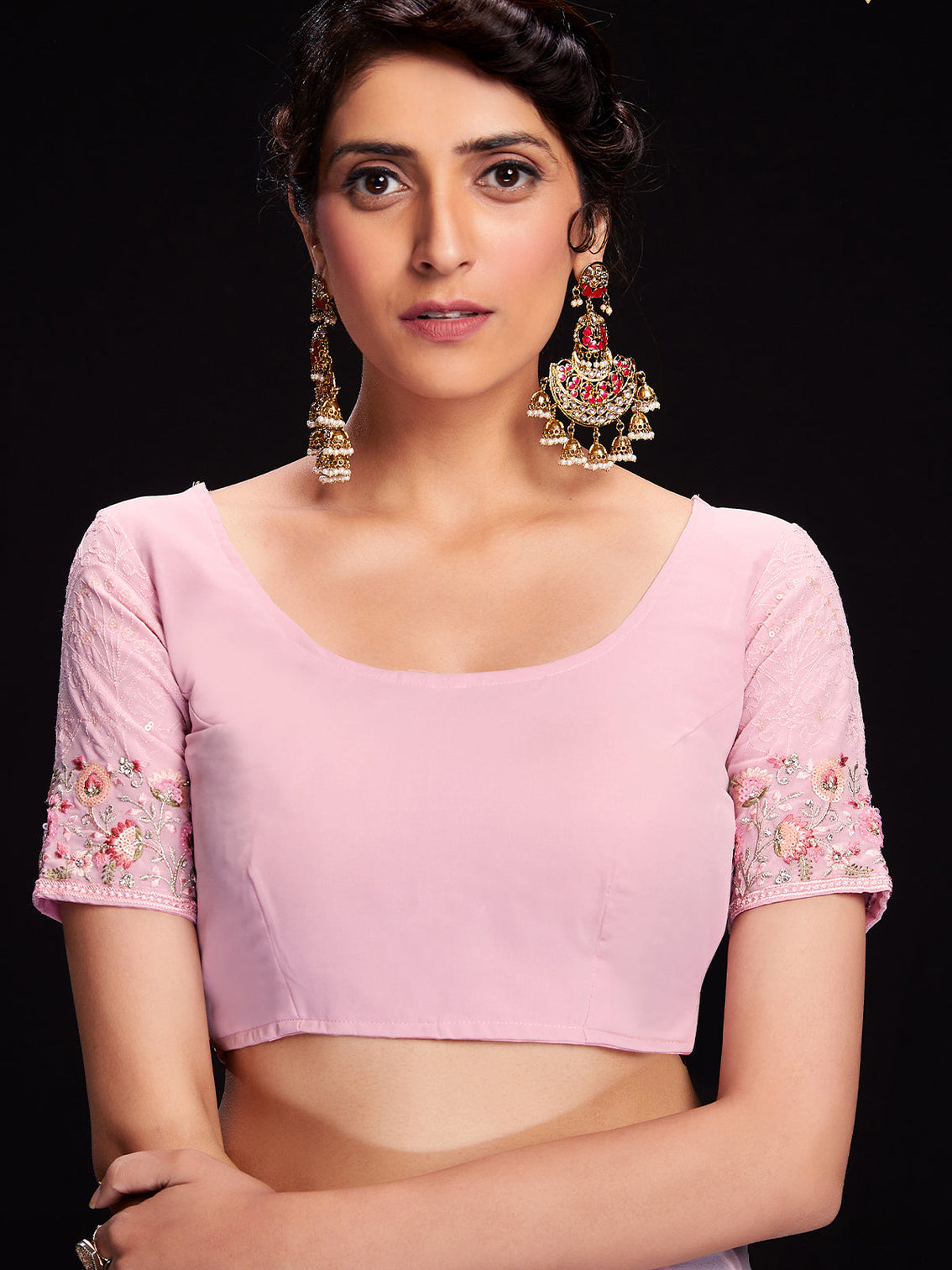 Pink Georgette Embroidered Saree With Unstitched Blouse