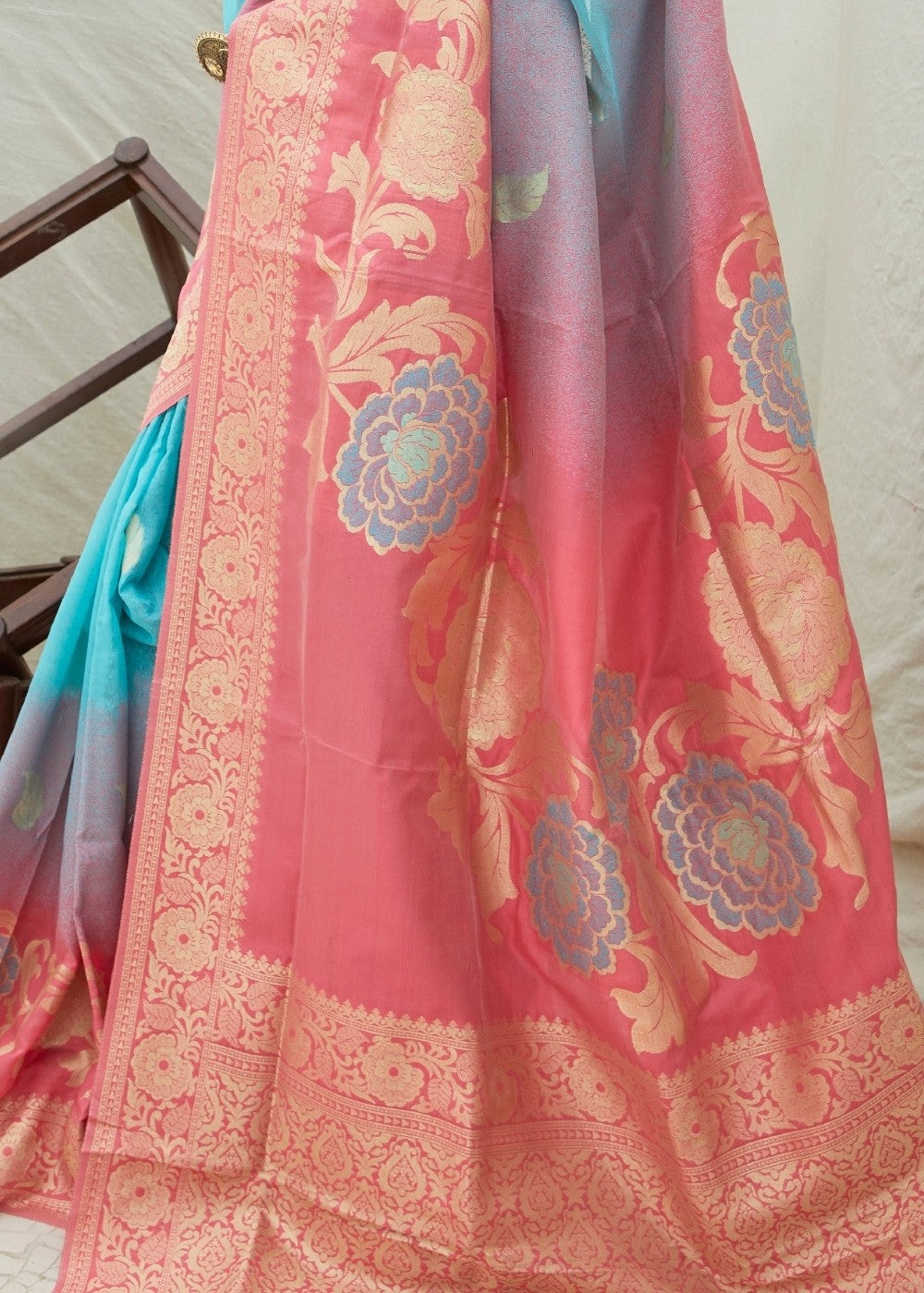 Pink and Blue Handloom Weaving Silk Saree