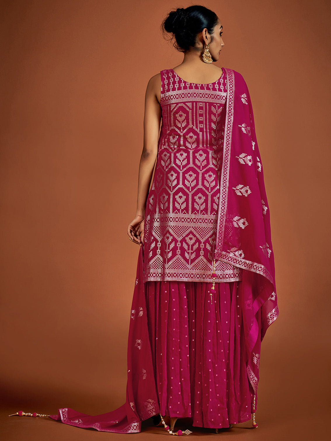 Magenta Embroidered Georgette Partywear Stitched Kurta Set