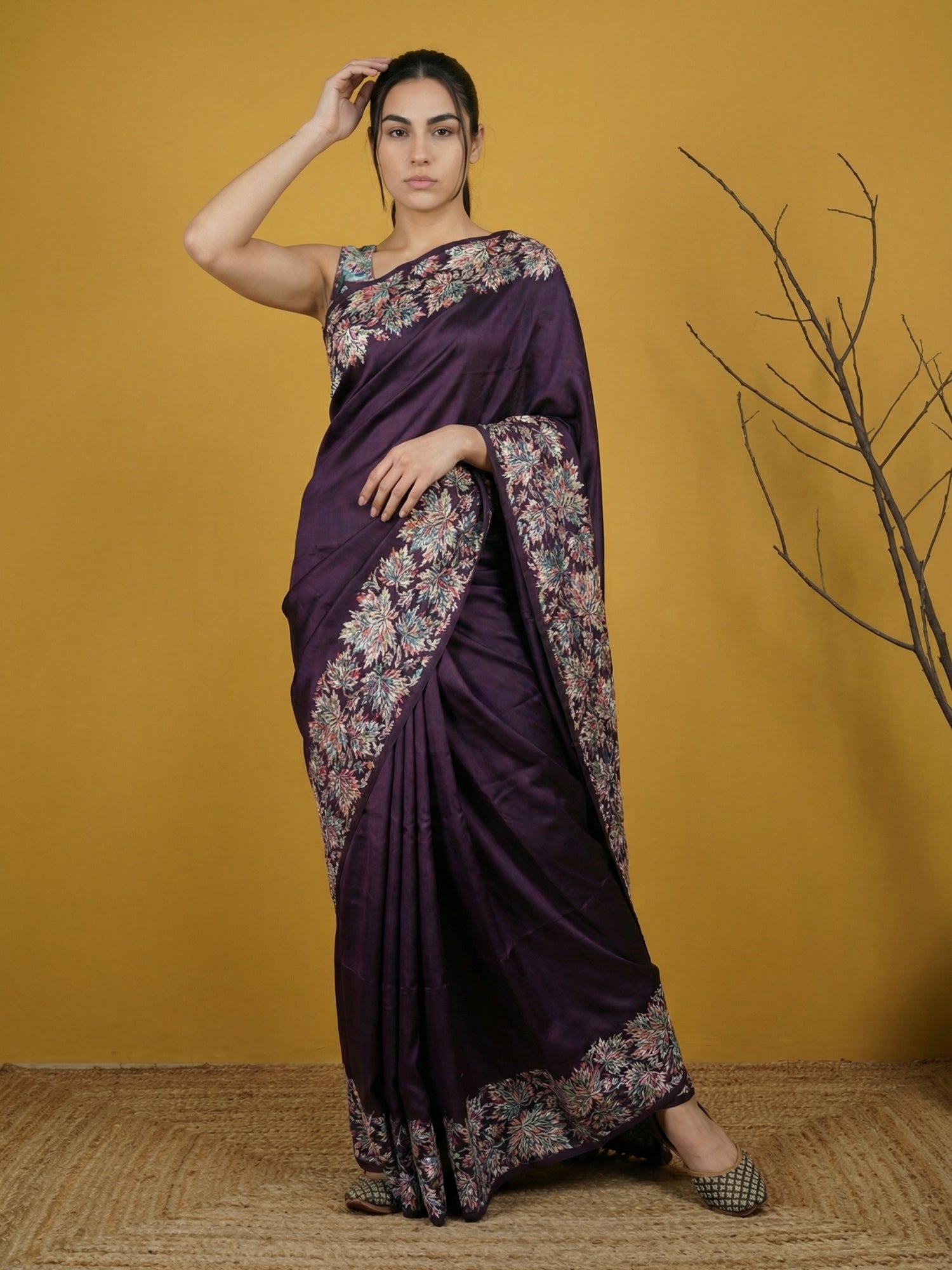 Soft Silk Printed Floral Saree with Rainbow Zari Woven Pallu and Contrast Blouse Festive Party Wear Saree