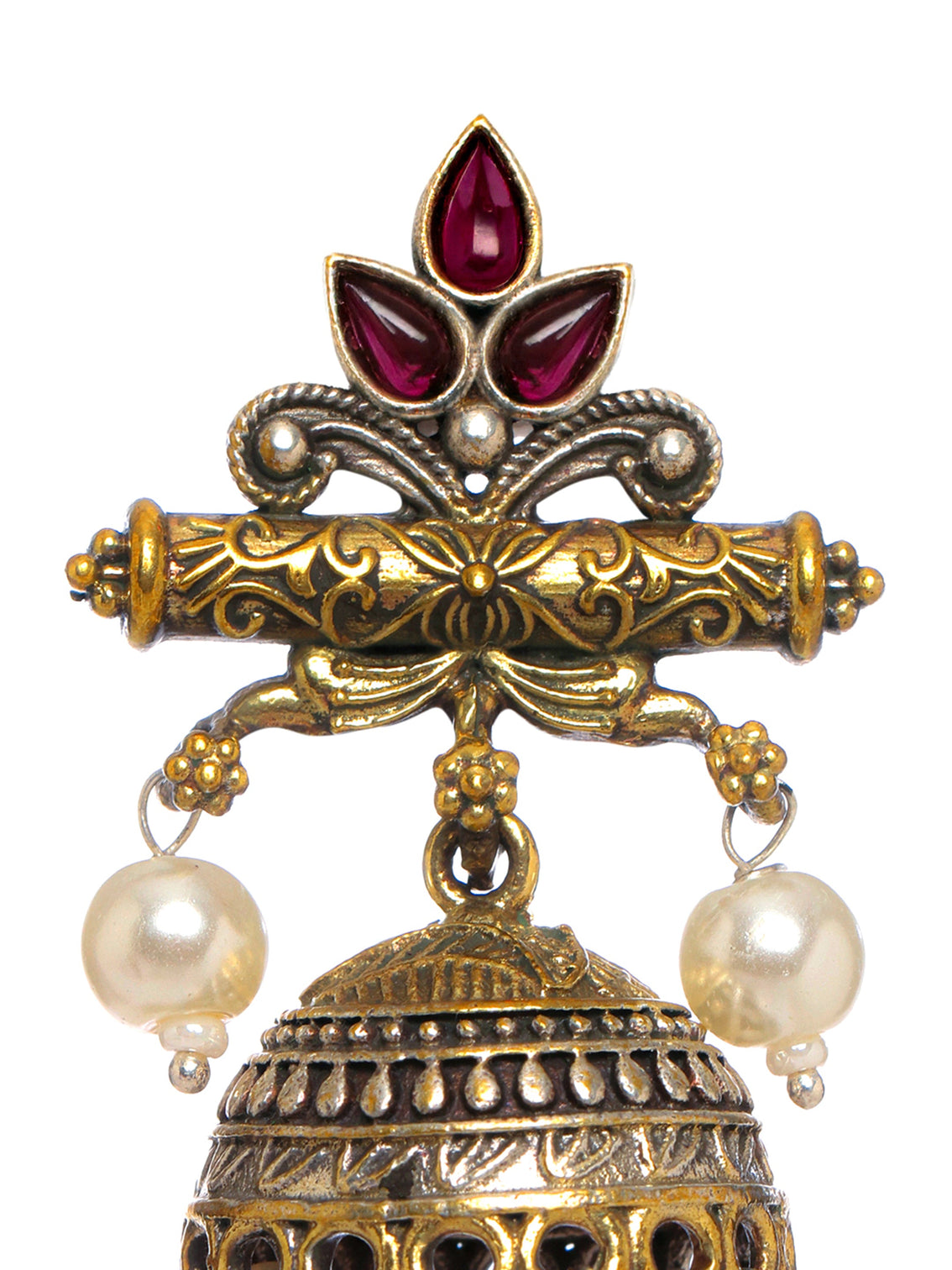 Mameraa Pink Stone & Pearl Drop Jhumka Earrings