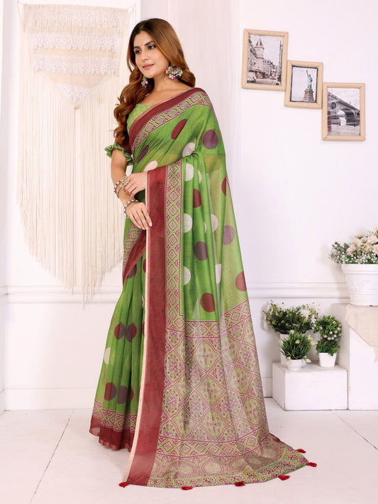 Premium Linen Cotton Polka Dot Printed Saree with Elegant Maroon Border