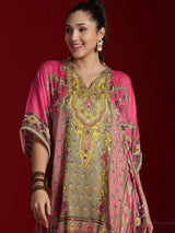 Libas Art Coral Printed Silk Blend Kaftan Kurta With Palazzos