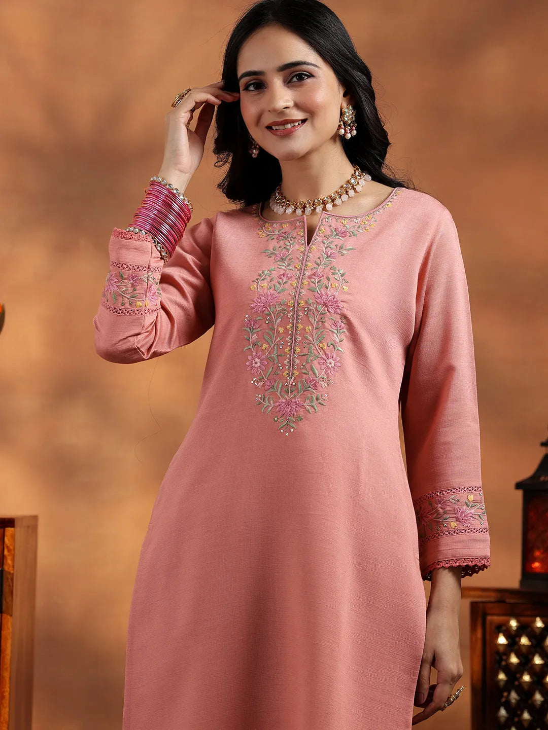 Mameraa Peach Yoke Design Silk Blend Straight Suit With Dupatta