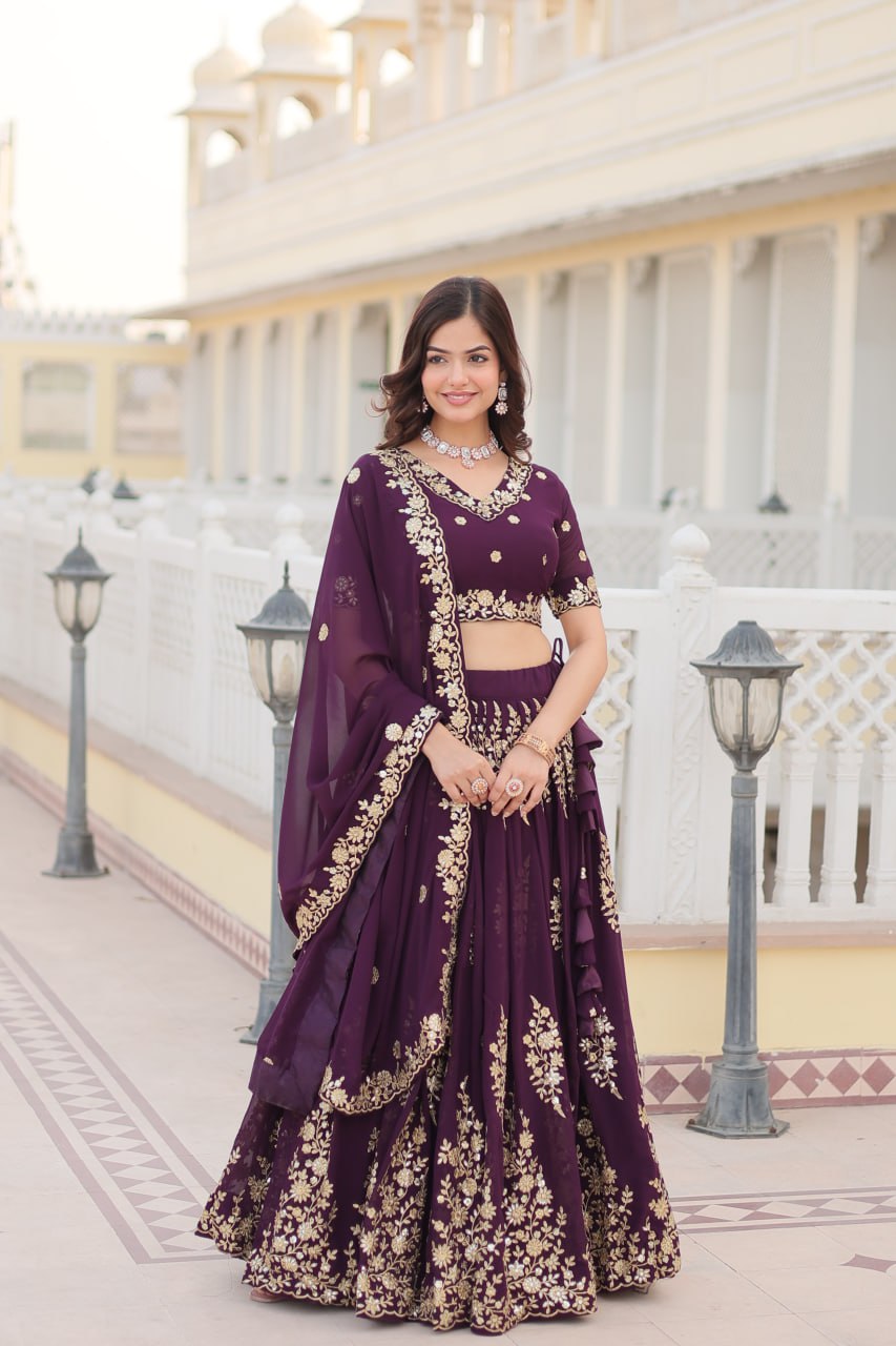 Faux Blooming PuGeorgette rple Lehenga Choli Set with Heavy Embroidered Work