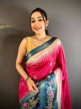 Pink Tanjore Art Semi Silk Saree