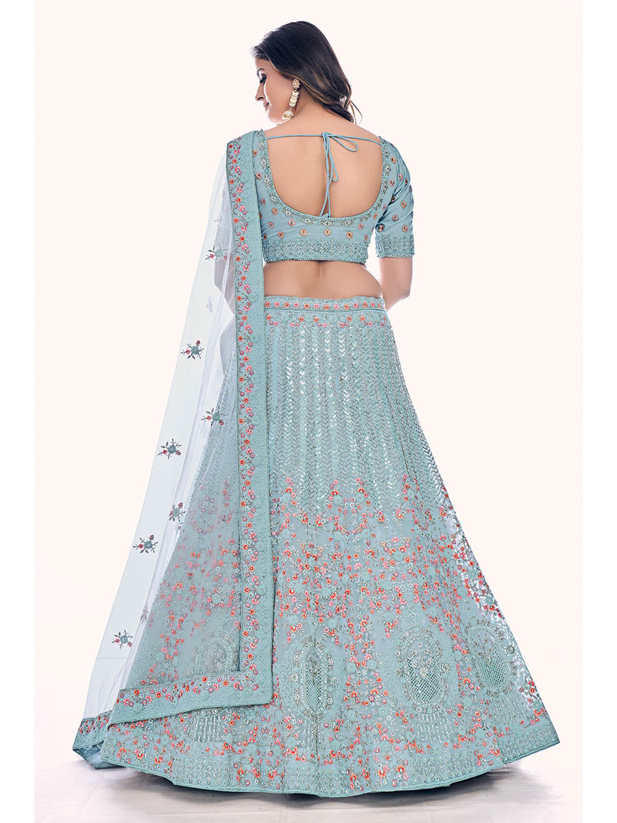 Firozi Soft Net Embroidered Designer Lehenga Choli