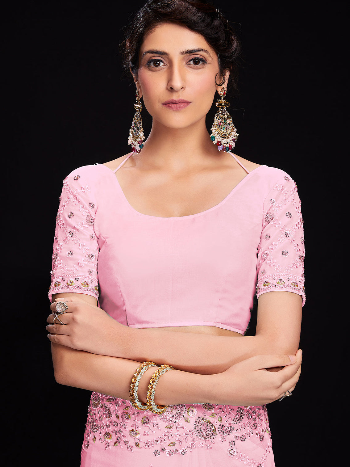 Pink Georgette Embroidered Saree With Unstitched Blouse