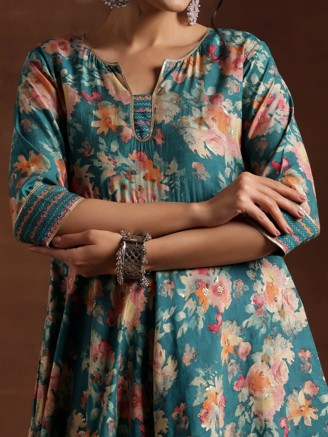 Mameraa Blue Printed Silk Blend Anarkali Suit With Dupatta