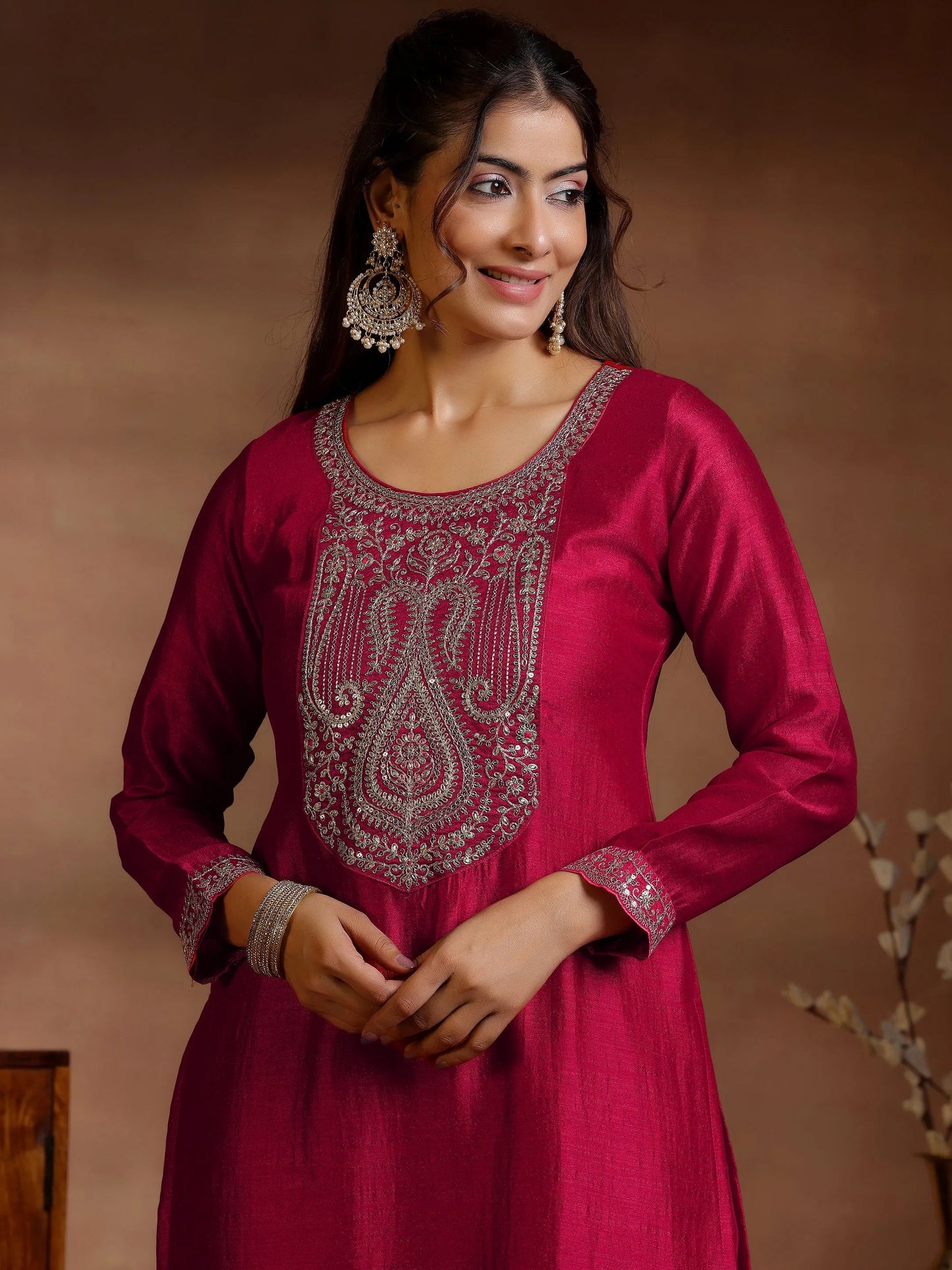 Libas Red Embroidered Silk Blend Straight Suits With Dupatta