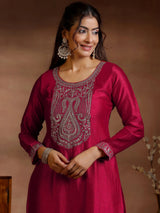 Libas Red Embroidered Silk Blend Straight Suits With Dupatta