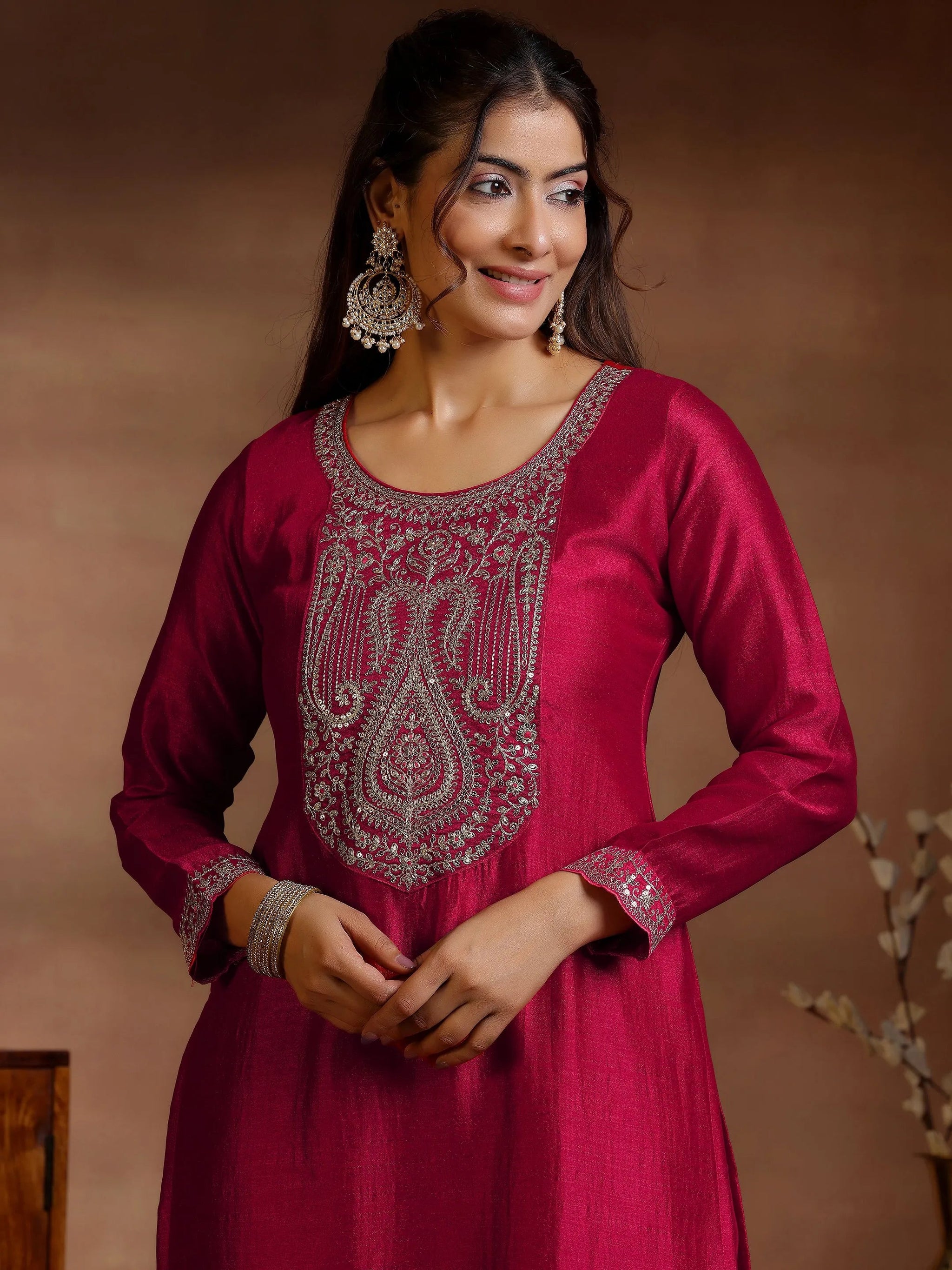 Libas Red Embroidered Silk Blend Straight Suits With Dupatta