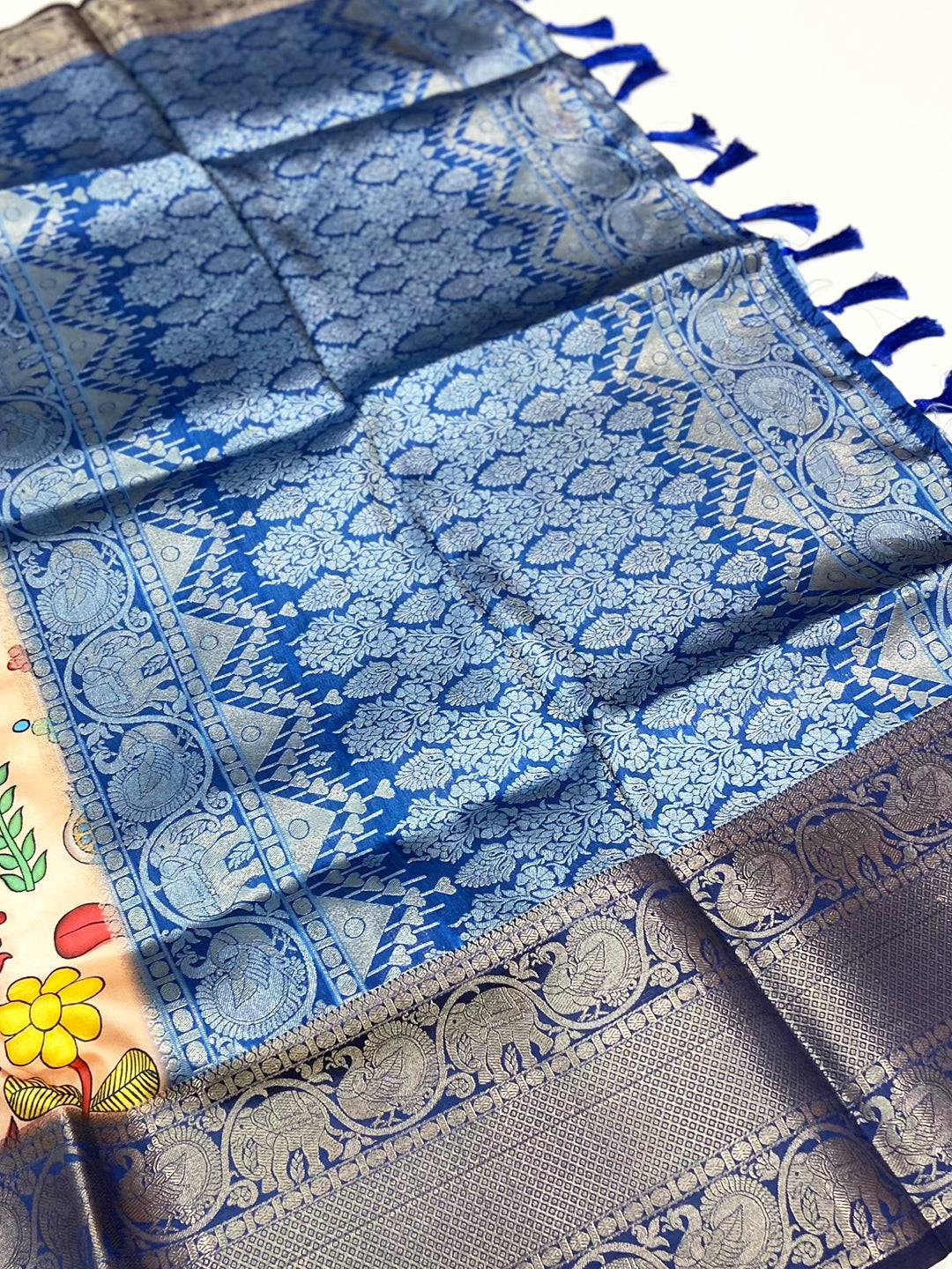 Beige Floral Printed Banarasi Saree