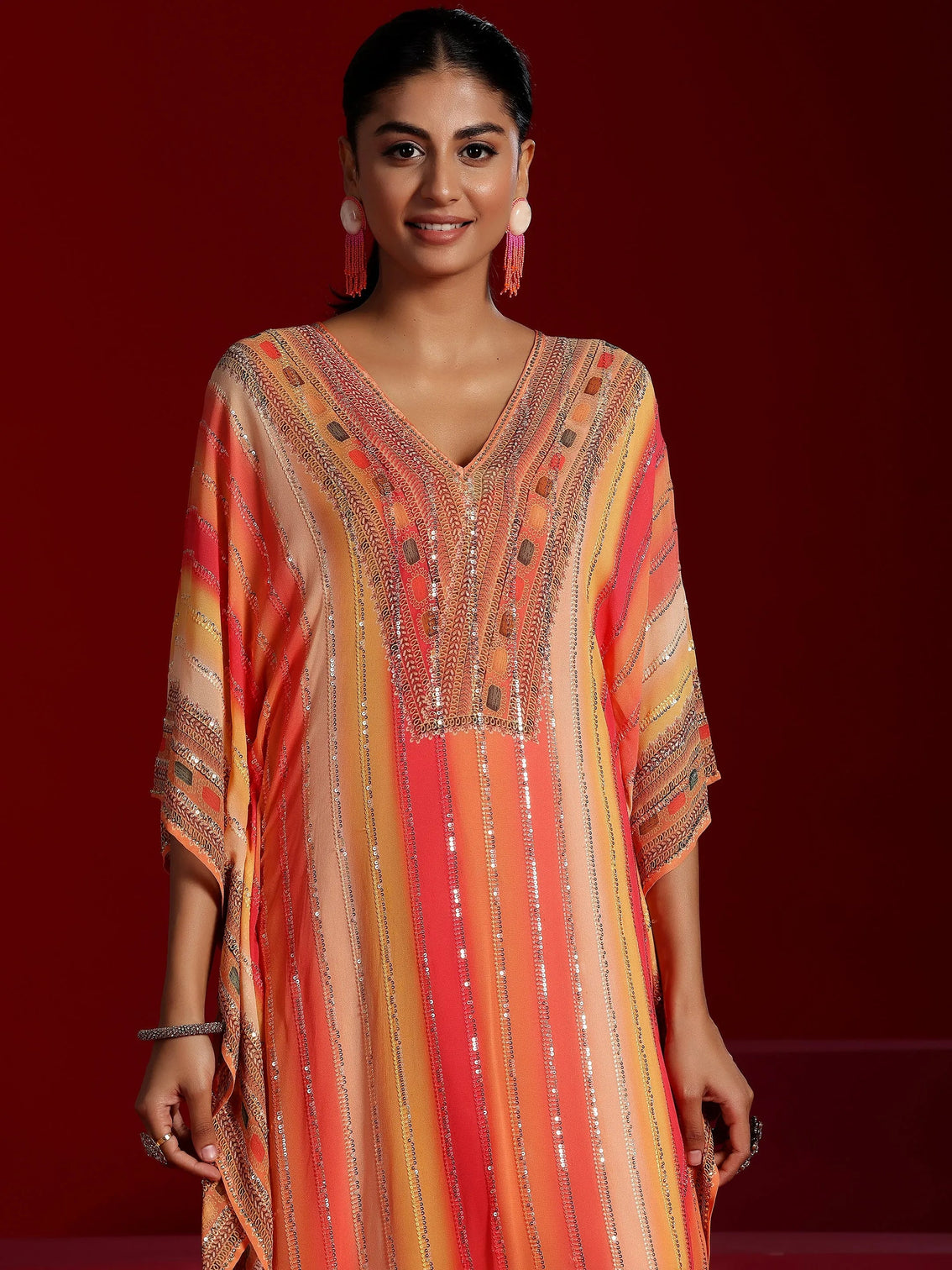 Mameraa Art Orange Printed Poly Georgette 3 Piece Co-Ords