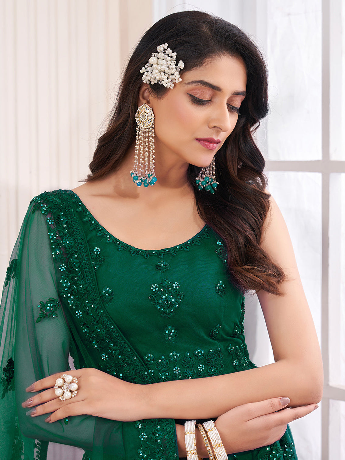 Green Soft Net Embroidered Semi Stitched Lehenga Choli