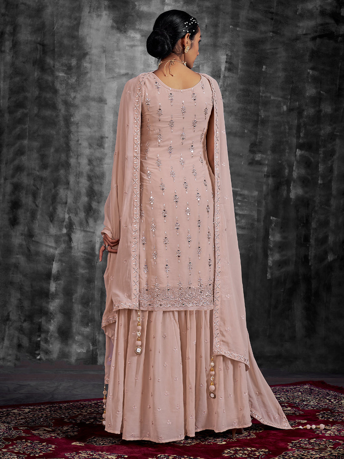 Beautiful Embroidered Peach Georgette Stitched Kurta Set
