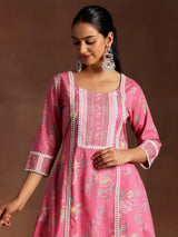 Libas Rukhsaar Pink Printed Cotton A-Line Kurta With Palazzos