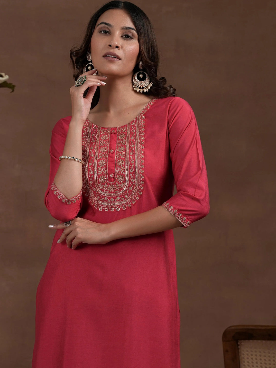 Mameraa Pink Yoke Design Silk Blend Straight Suit With Dupatta