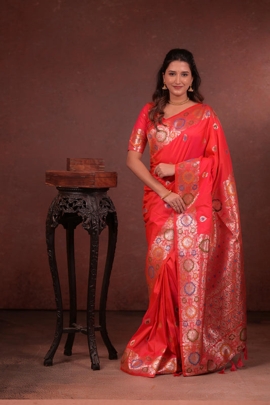 Coral Red Banarasi Silk Saree with Multicolor Floral Zari Woven Border & Rich Designer Pallu